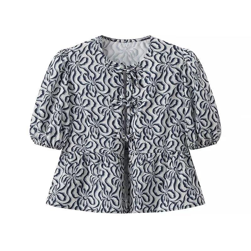 Blouses | Womens Blue Crescent Print V-Neck Short Sleeve Shirt Blouses Blouses