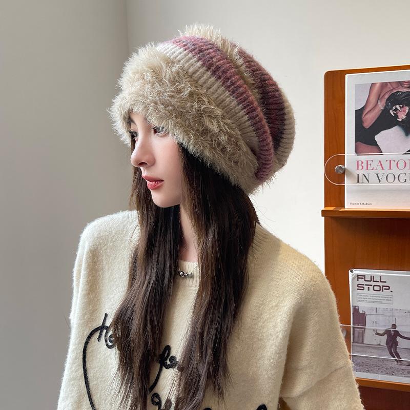 Hats | Womens Orange Stripe Fluffy Knitted Beanie Hat Autumn Accessories Hats