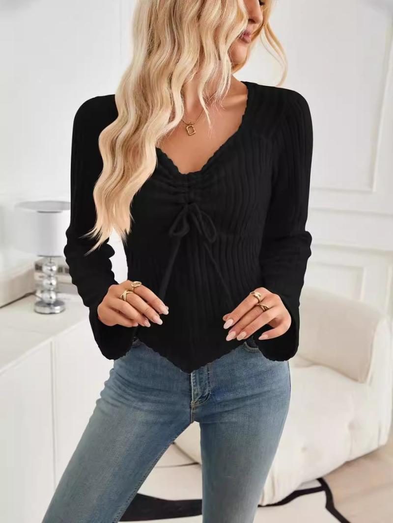 Long Sleeve Tops | Womens Black Pointelle Tie Front Knitted Cardigan Cardigans Cardigans