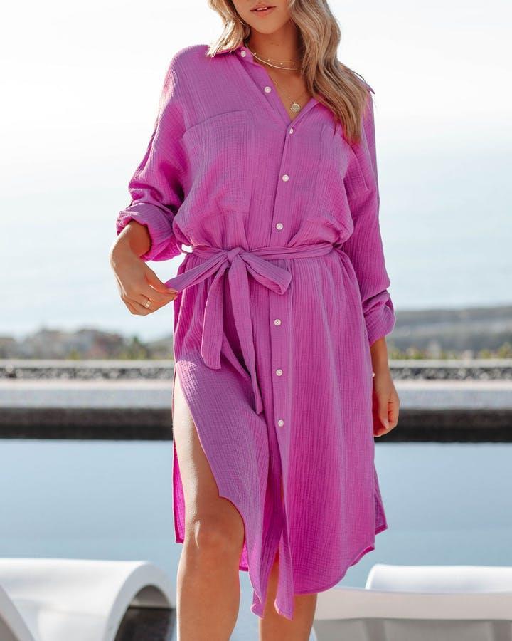 Midi Dresses | Womens Pink Crinkle Satin Midi Shirt Dress Clothing Midi Dresses