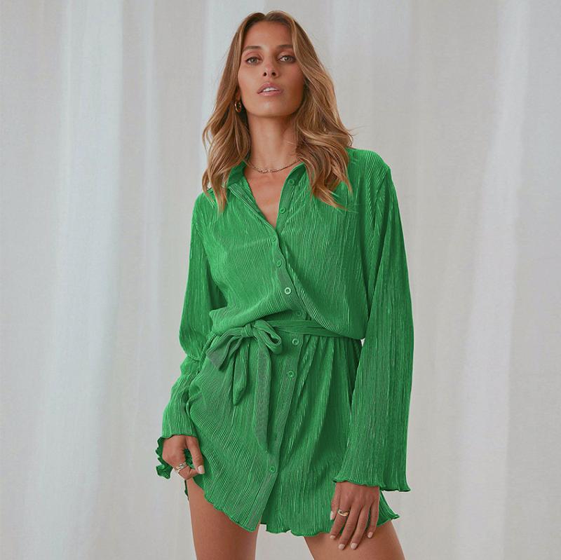 Mini Dresses | Womens Green Textured Button Through Tiered Mini Dress Clothing Mini Dresses