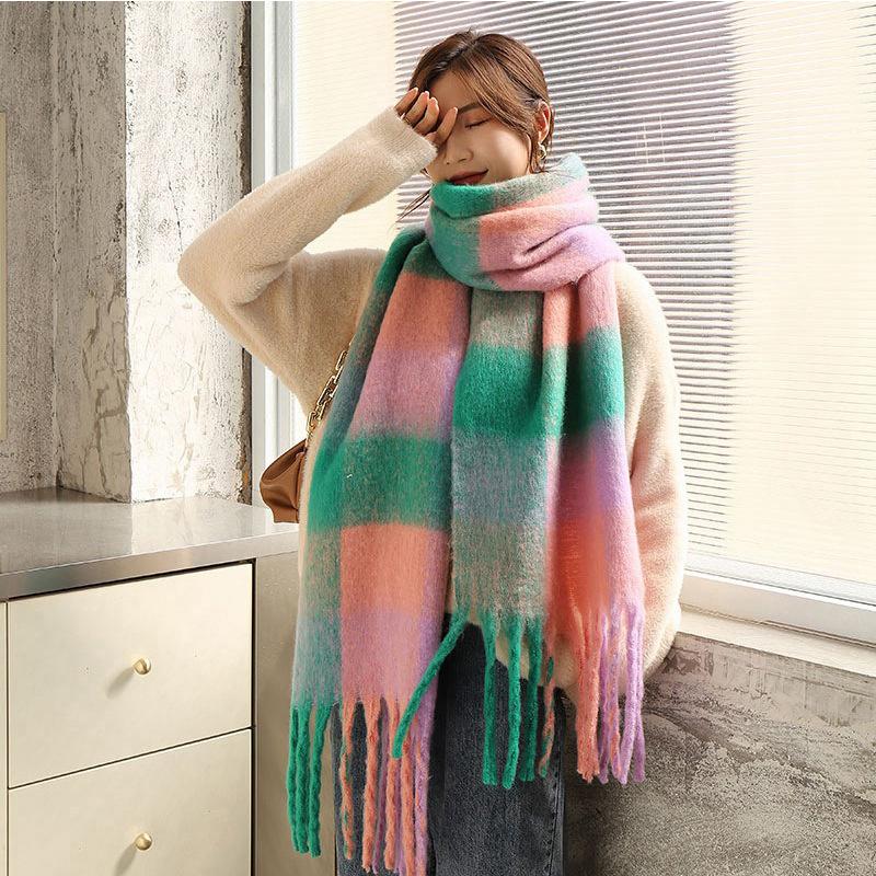 Scarves | Womens Green & Pink Heavyweight Check Scarf Autumn Accessories Scarves