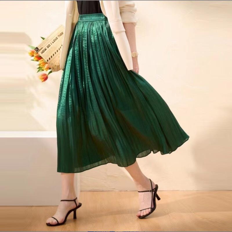 Skirts | Womens Olive Green Pleated Satin Midi Skirt Clothing Skirts