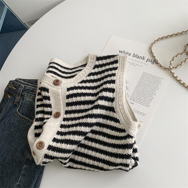 Waistcoats | Womens Black & White Striped Knitted Waistcoat Clothing Knitted Vests